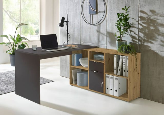 BMG Möbel Eckschreibtisch Lena (mit abschließbarer Tür, Computertisch, Homeoffice, Bürotisch) in anthrazit/ Artisan Eiche