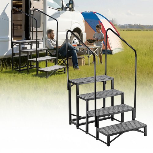 Wohnmobiltreppe Mit 2 Handläufen (4 Stufen), Standtreppe Mit 300 Kg Tragkraft, Außentreppe Mit Rutschfester Matte Für Senioren/haustiere, Trittstufe Für Camper, Mobilheim, Veranda, Pool Und Spa