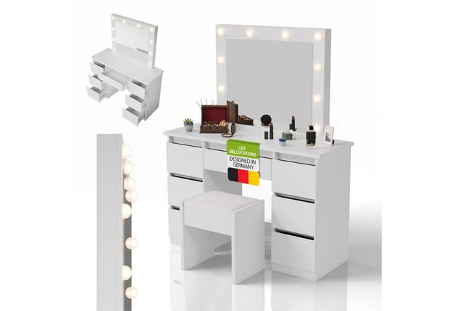 Juskys Schminktisch Talea mit LED-Spiegel und Hocker Melly, 7 Schubladen, Licht dimmbar, modern & kompakt, viel Stauraum – Weiß