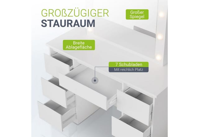 Juskys Schminktisch Talea mit LED-Spiegel, 7 Schubladen, Licht dimmbar, modern & kompakt, viel Stauraum – Weiß