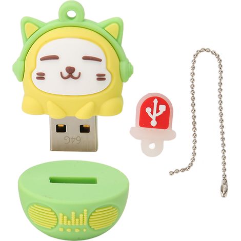 64 Gb Pvc-usb-stick Mit Gelb-grünem Katzenmotiv, Stoßfest, Usb 2.0 Plug & Play, Für Handy Und Laptop.