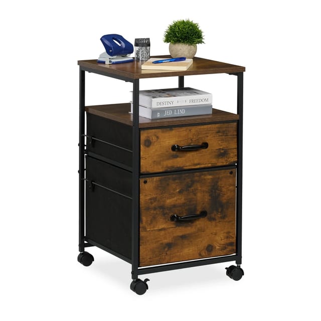 Rollcontainer, 2 Schubladen, Hängeregister, Industrial-Design, hbt: 68x40x40 cm, Aktenschrank, braun/schwarz - Relaxdays
