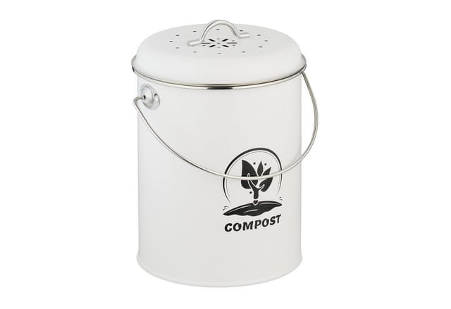 Komposteimer Küche 5,5 Liter, Mülleimer mit Deckel und Geruchsfilter, Abfalleimer Biomüll, Eisen, weiß - Relaxdays