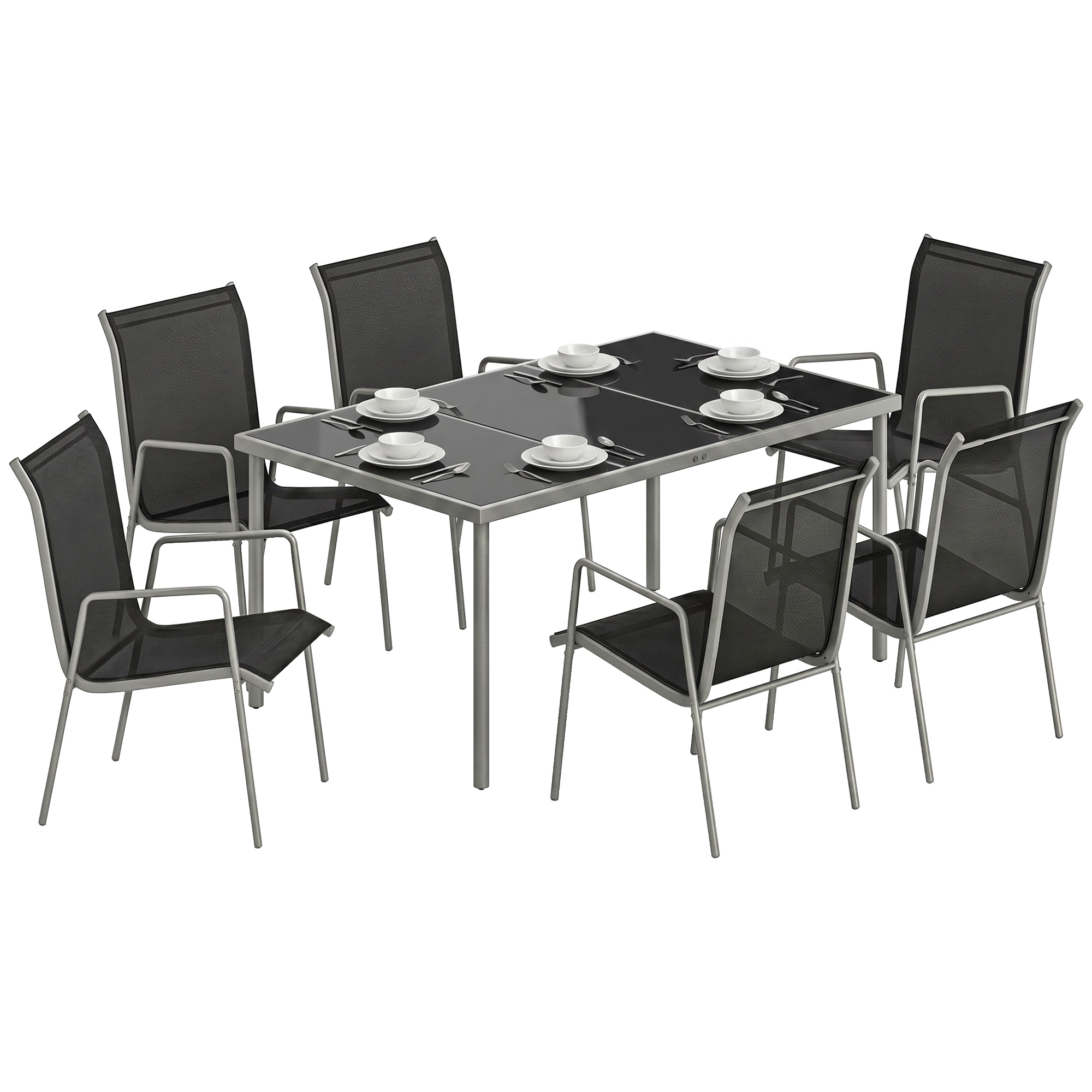 7-teiliges Garten-set Bestehend Aus 6 Stapelbaren Textilene-stühlen Und Einem Glas-couchtisch, Schwarz Und Silber