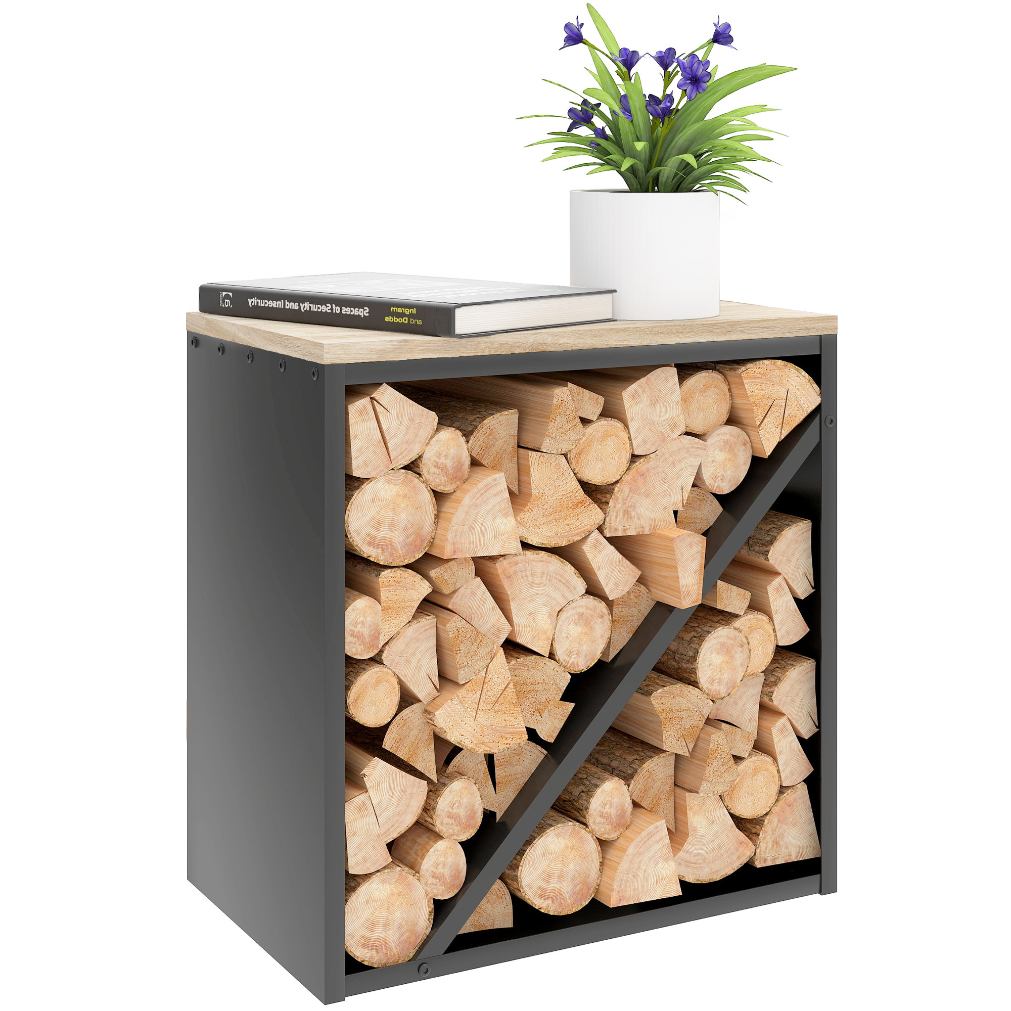 2-in-1-holzständer Für Den Innenbereich, 58 X 36 X 60 Cm, Erhöht, Mit Trennwand, Aus Schwarzem Metall.