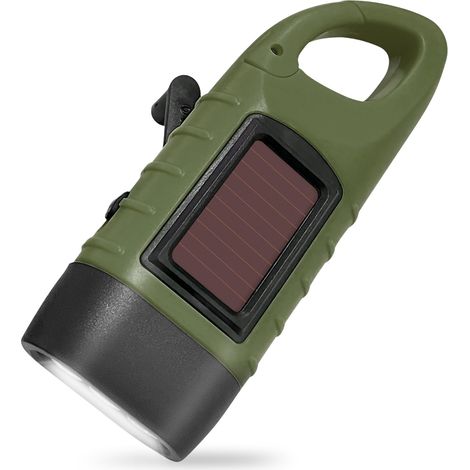Wiederaufladbare, Grüne Led-solar-taschenlampe Mit Handkurbel Und Karabinerhaken, Ideal Zum Wandern, Campen Und Klettern. Lange Akkulaufzeit.
