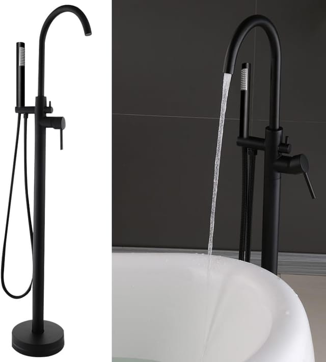 Freistehende Badewannenarmatur, Bodenmontierte Stehend Wanne Bad Armatur Badewanne Handbrause, Duschset, Eingebauter Sprudler, 360°handdüse, Für Badewanne Und Bad, Schwarz