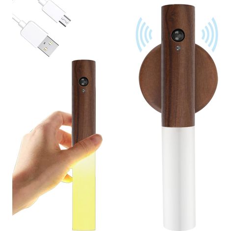 Wandleuchte Aus Holz Mit Bewegungsmelder, Kabelloses, Wiederaufladbares Led-nachtlicht Für Schlafzimmer, Flur, Treppenhaus – Walnuss