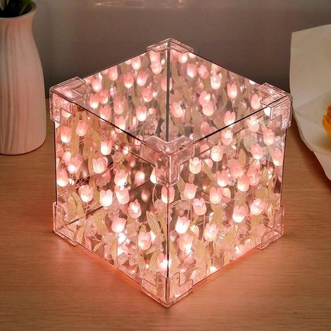 Diy-tulpen-led-spiegellampe – Ästhetisches Würfel-nachtlicht Mit Geschenktüte – Geschenkidee Für Frauen, Mütter, Töchter Oder Freundinnen (rosa)
