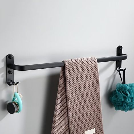 Schwarze, Wandmontierte Handtuchstange Mit 2 Haken, Kein Bohren Erforderlich, Aluminiumstange Für Küche Oder Bad, 1 Ablage, 40 Cm