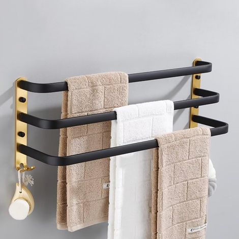 Wandmontierter Handtuchhalter, Kein Bohren Erforderlich, 3 Ablagen, Schwarz Und Gold, 40 Cm – 2 Haken, Aluminium Für Bad Oder Küche
