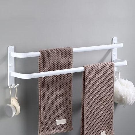 Handtuchhalter Fürs Badezimmer, 2-stöckig, 40 Cm, Weiß, Aluminium, Mit 2 Haken (ohne Bohren)