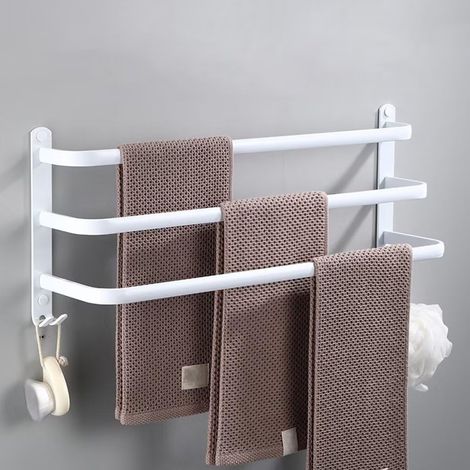 Wandmontierter Handtuchhalter Aus Weißem Aluminium Mit 2 Haken Und 3 Ablagen, 50 Cm, Für Küche Und Bad (ohne Bohren)