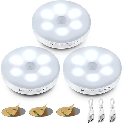 Automatisches Led-nachtlicht [3er-pack], Bewegungsmelder-innenleuchte, 3 Modi (auto/ein/aus), Selbstklebende, Per Usb Aufladbare Batterieleuchte, Kabellose Led Für Küche, Flur, Treppe, Kleiderschrank