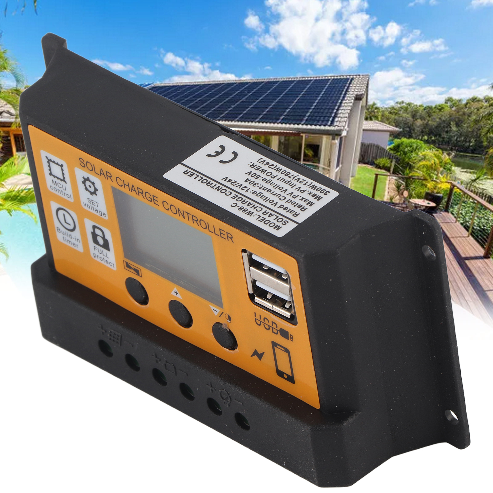 Wbl1210 Intelligenter Solarladeregler (schwarzes Gehäuse, Orange Oberfläche, 12v/24v, Zwei Usb-anschlüsse, Pwm-lade-/entladefunktion, 30a)