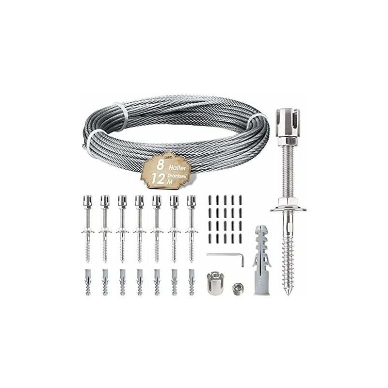 Kletterpflanzenstütze, 12 m Edelstahlseil-Aufhängeset mit 3 mm Edelstahlkabel und 8 Spannern für Garten/Betonwand/Zaunkabel/Massivholz (8 t - XVX