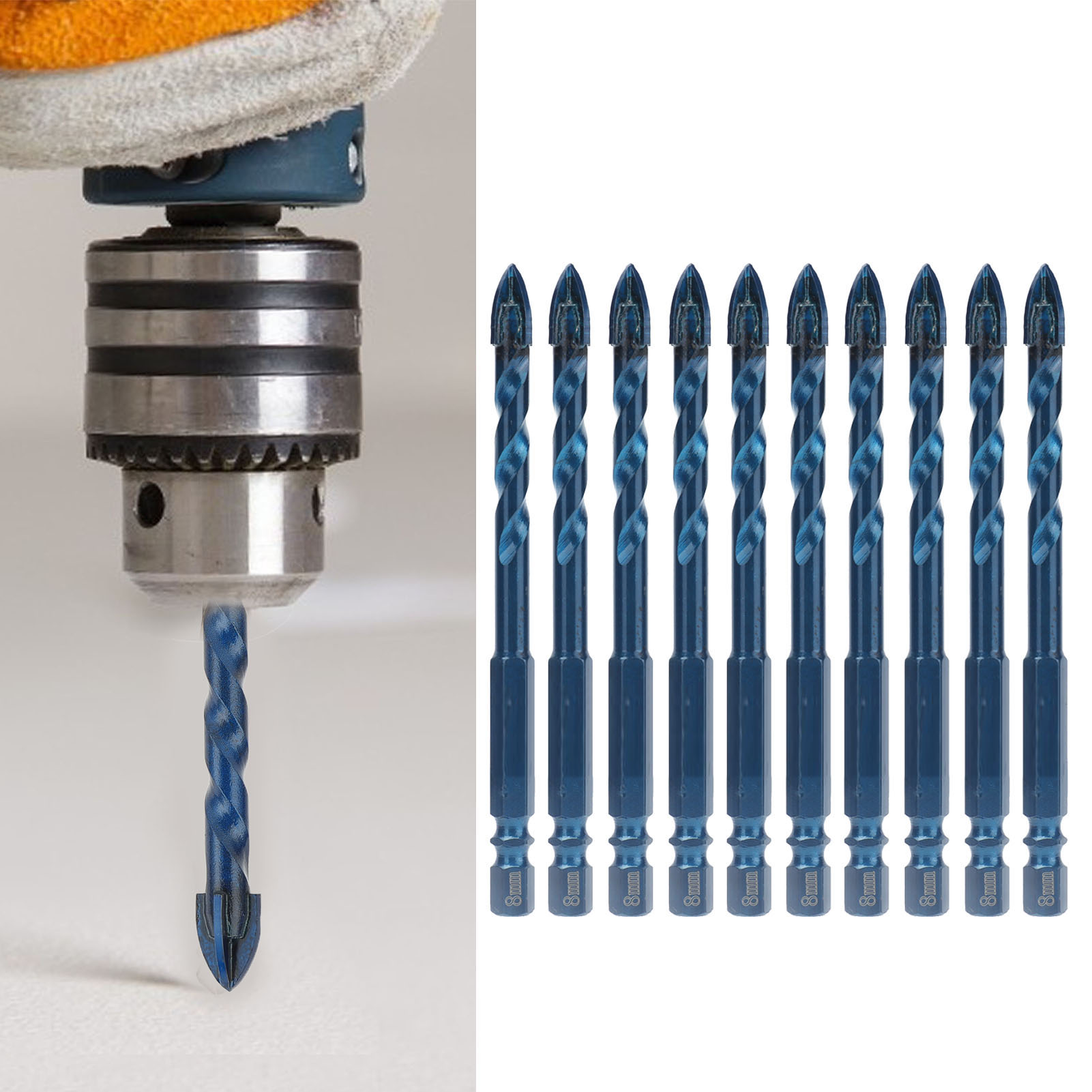 Set Mit 10 Keramikbohrern Mit Sechskantschaft Und Kreuzkopf Zum Bohren Von Keramikfliesen, Beton, Holz Und Glas Dunkelblau, 8 Mm Lochdurchmesser.