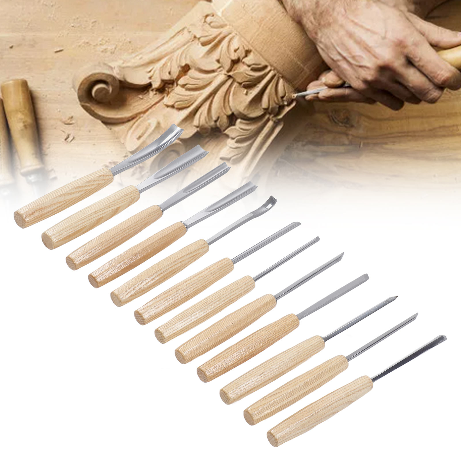 Set Aus Holzschnitzereien Und Segeltuchtaschen Mit Eschengriffen (12-teilig)