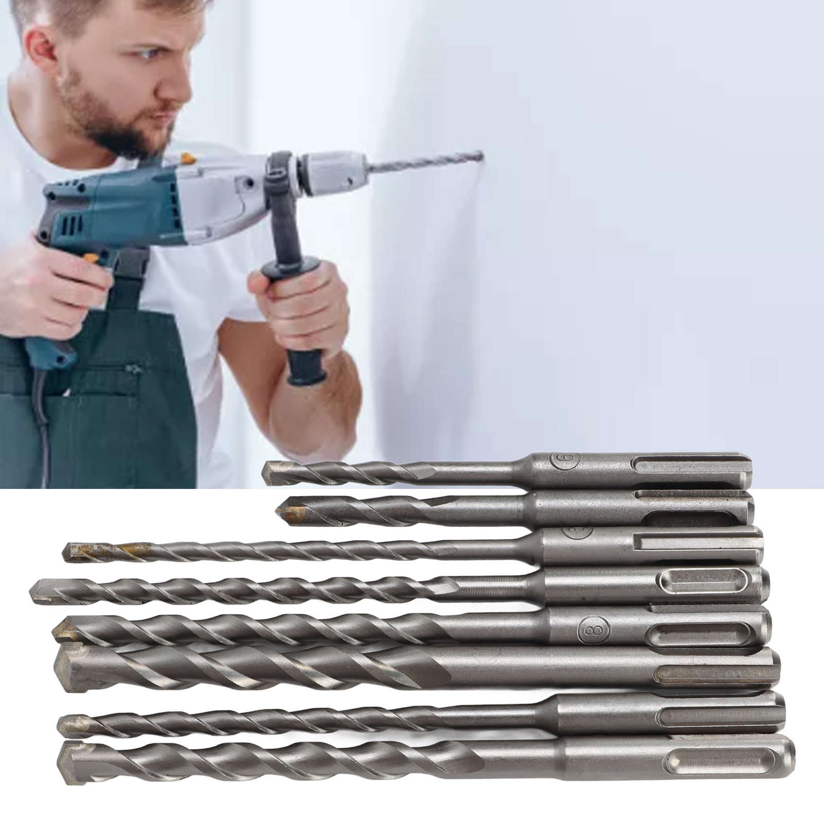 Set Mit 8 Schlagbohrern Mit Hartmetallspitzen Für Rotierende Schlagbohrmaschinen Zum Bohren Von Ziegeln, Stein Und Beton.