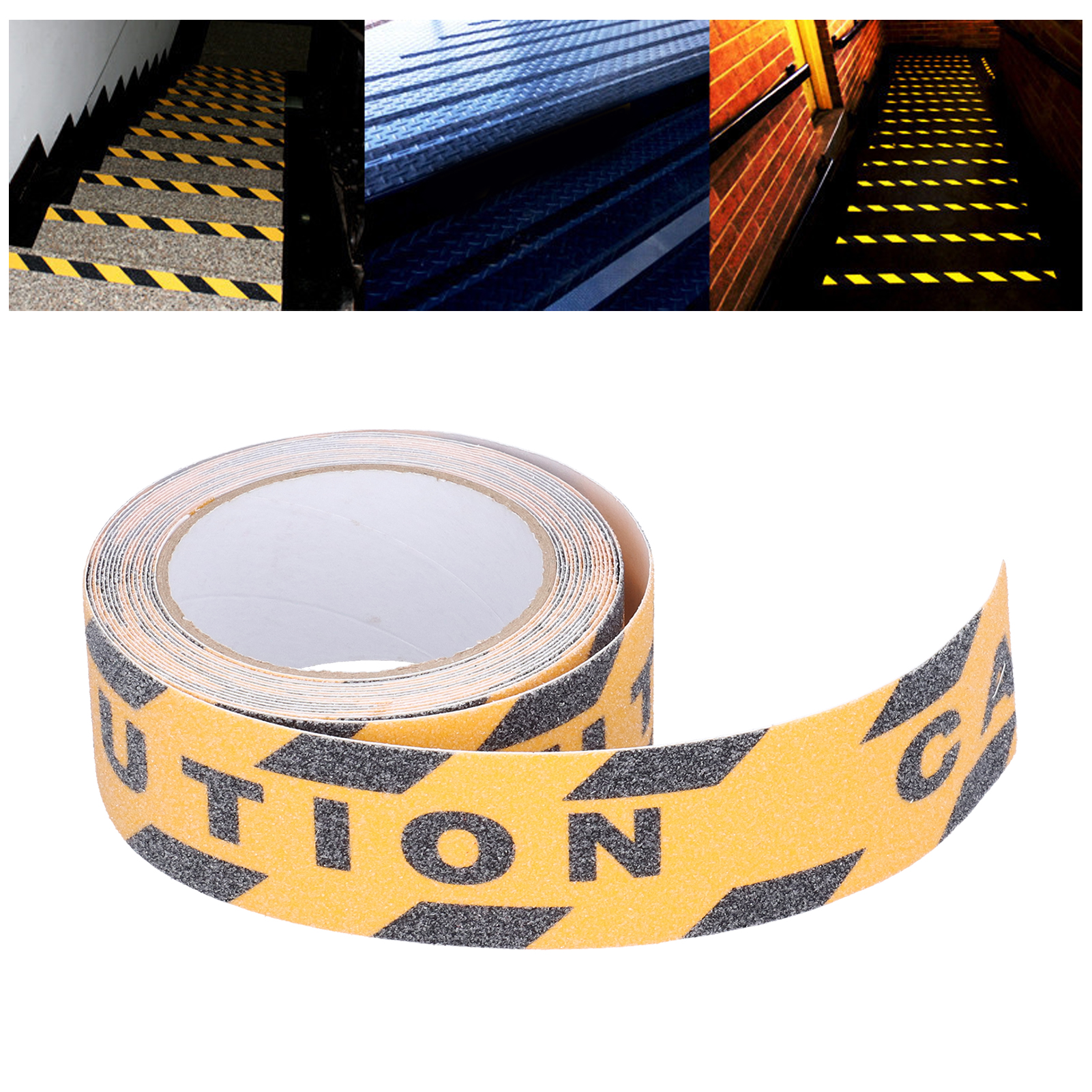 Schwarz-gelb Bedrucktes Antirutschband Mit Schriftzug, Mattiertes Antirutschband Für Treppen, 4,8 Cm X 5 M.