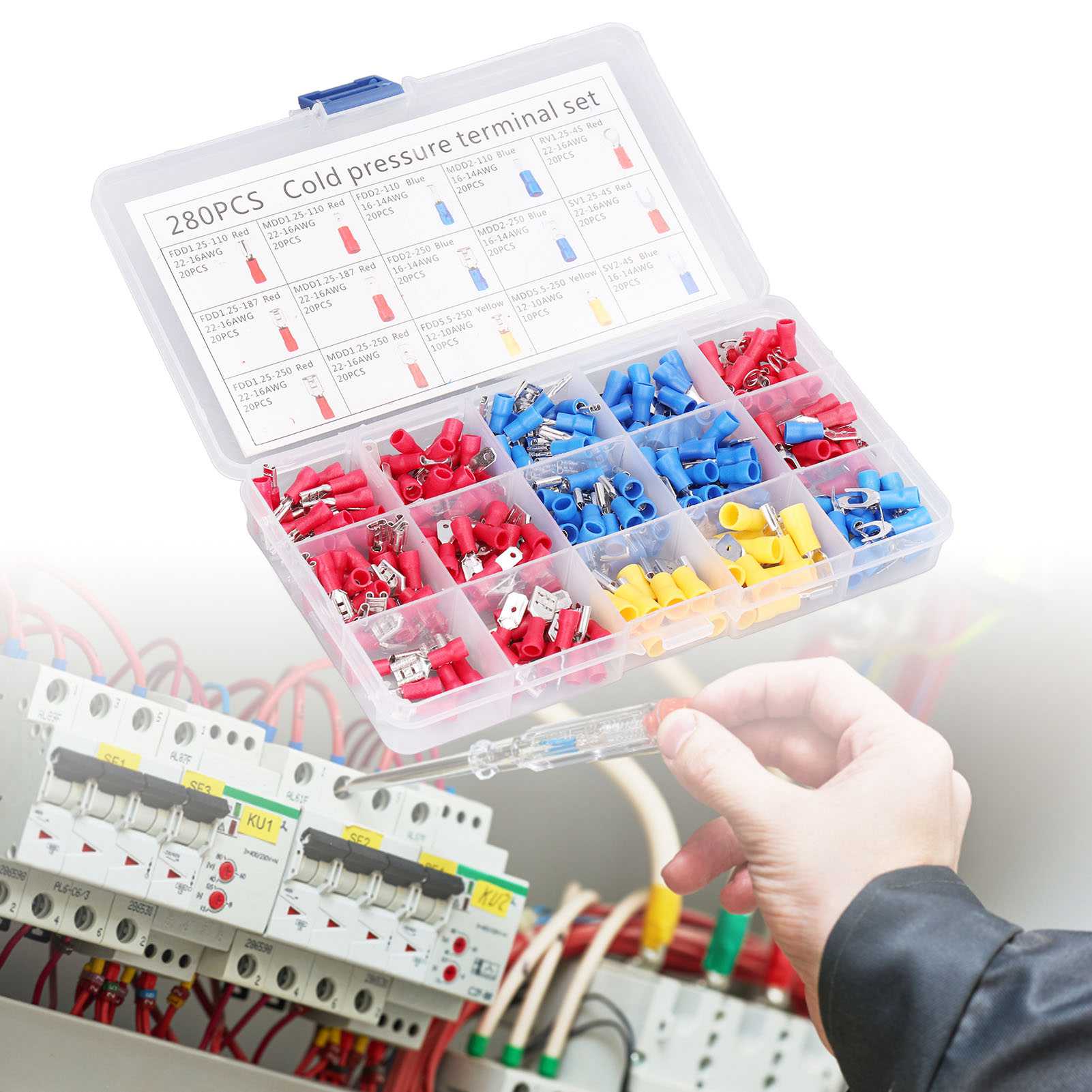Set Mit 280 Isolierten Drahtverbindern, Einschließlich Crimp-anschlüssen Für Schiffs- Und Automobilkabel In Gabel-, Ring-, Flach- Und Schnellkupplungsform.