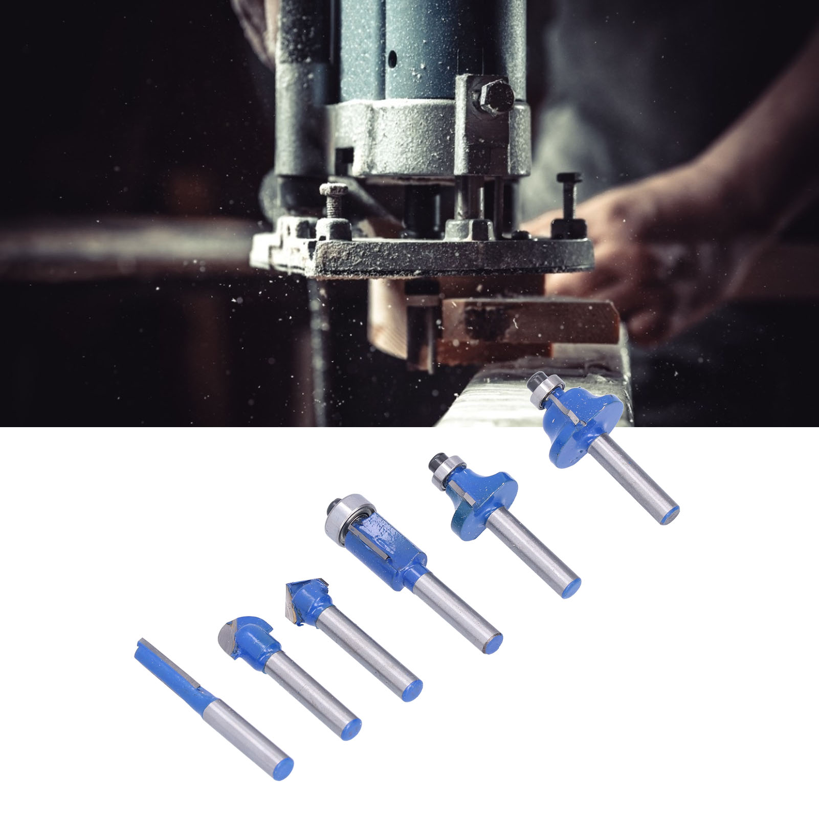 Set Mit 6 Holzfräsern, Verpackt In Einer Holzbox, Fräser, Kantenschneider, Holzfräser, Blaue Fräser.