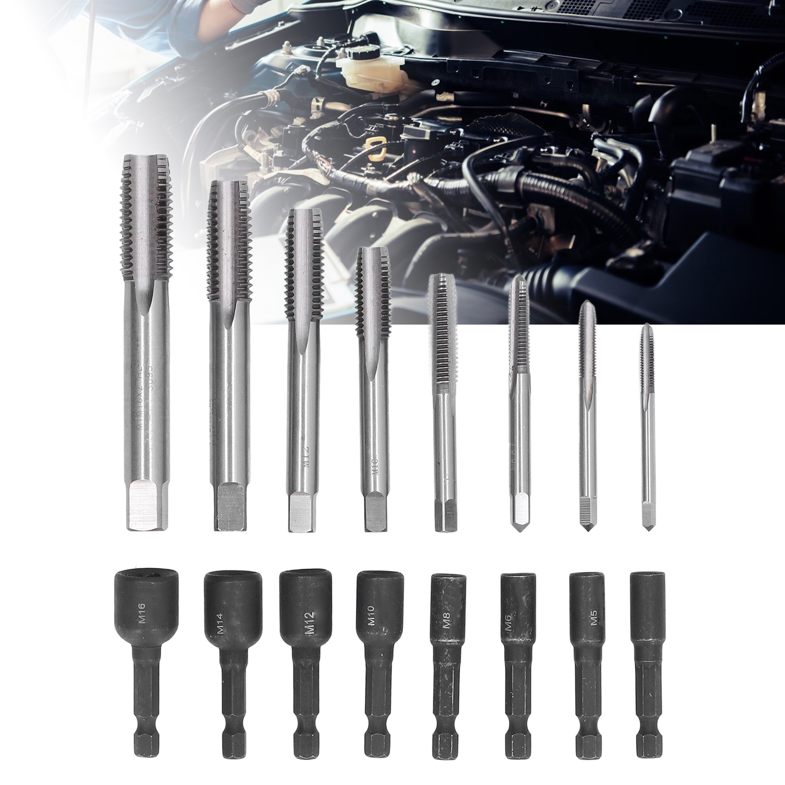 1/4"-sechskant-gewindebohrer, Steckschlüssel, Verlängerte Gewindebohrfutter, 16-teiliges Set (im Karton)