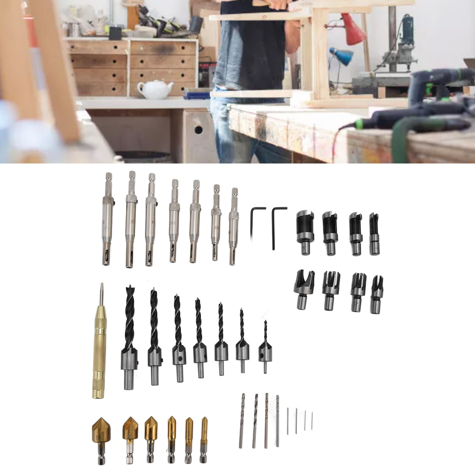 39-teiliges Set Inklusive Holzbohrern, Einem Anfaswerkzeug Und Einem Dübelbohrer Mit Klauenform.