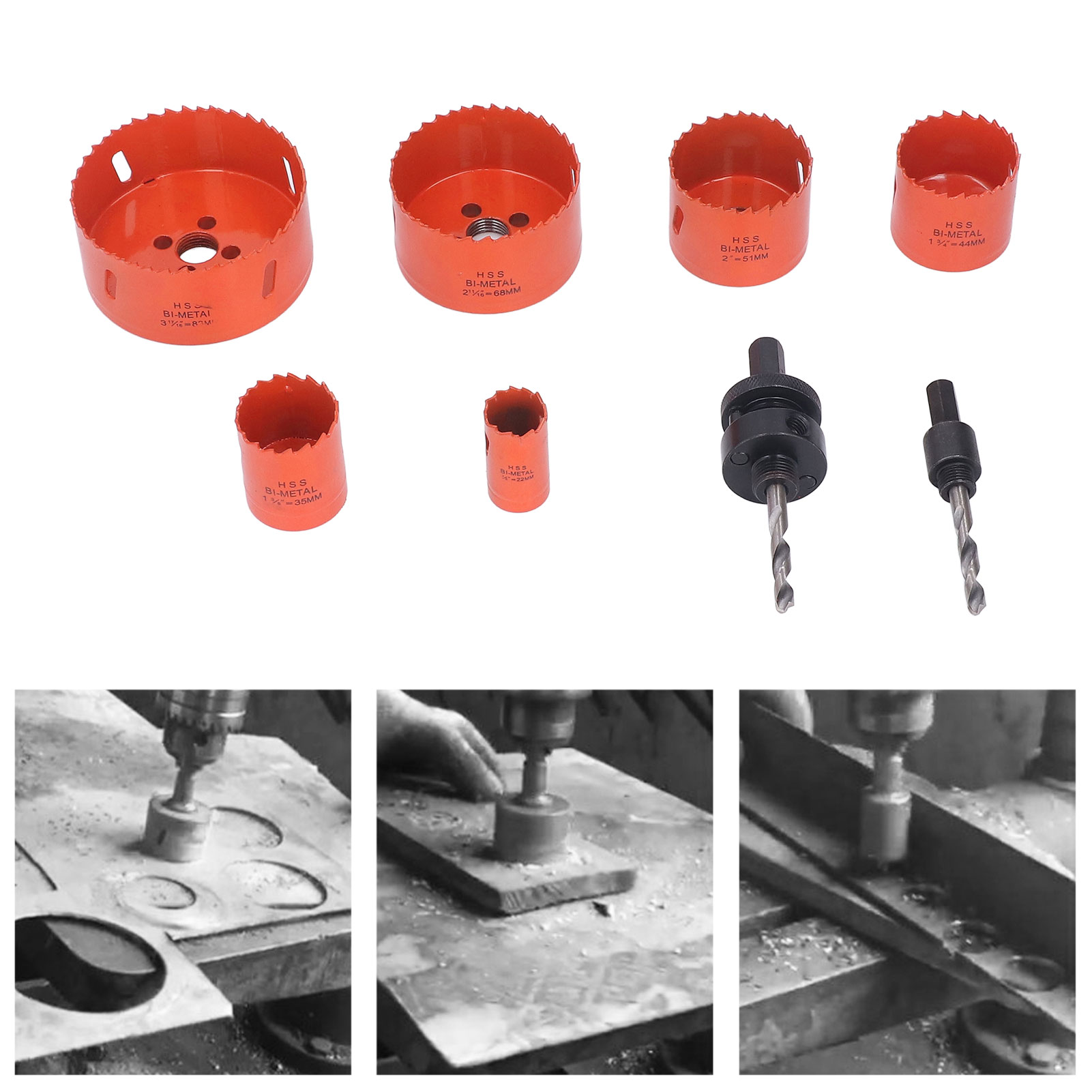 Set Mit 8 Orangefarbenen Lochsägen Aus Metall, Set Mit Spiralbohrern