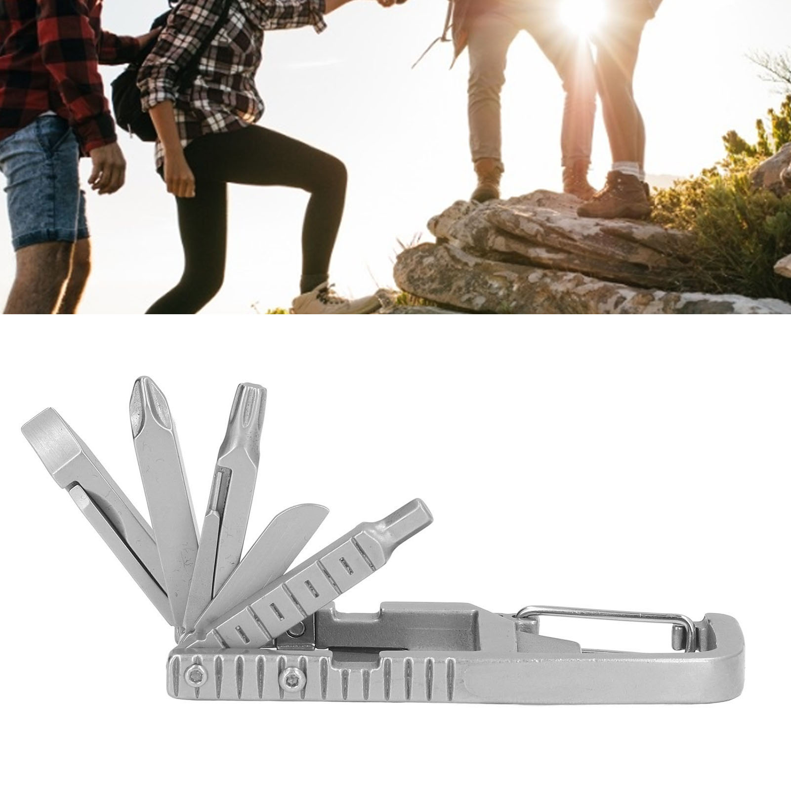 Multifunktionales Werkzeugset Aus Edelstahl Mit Hebelfuß, Handyhalterung Und Klappbarem Flaschenöffner Für Den Outdoor-einsatz.