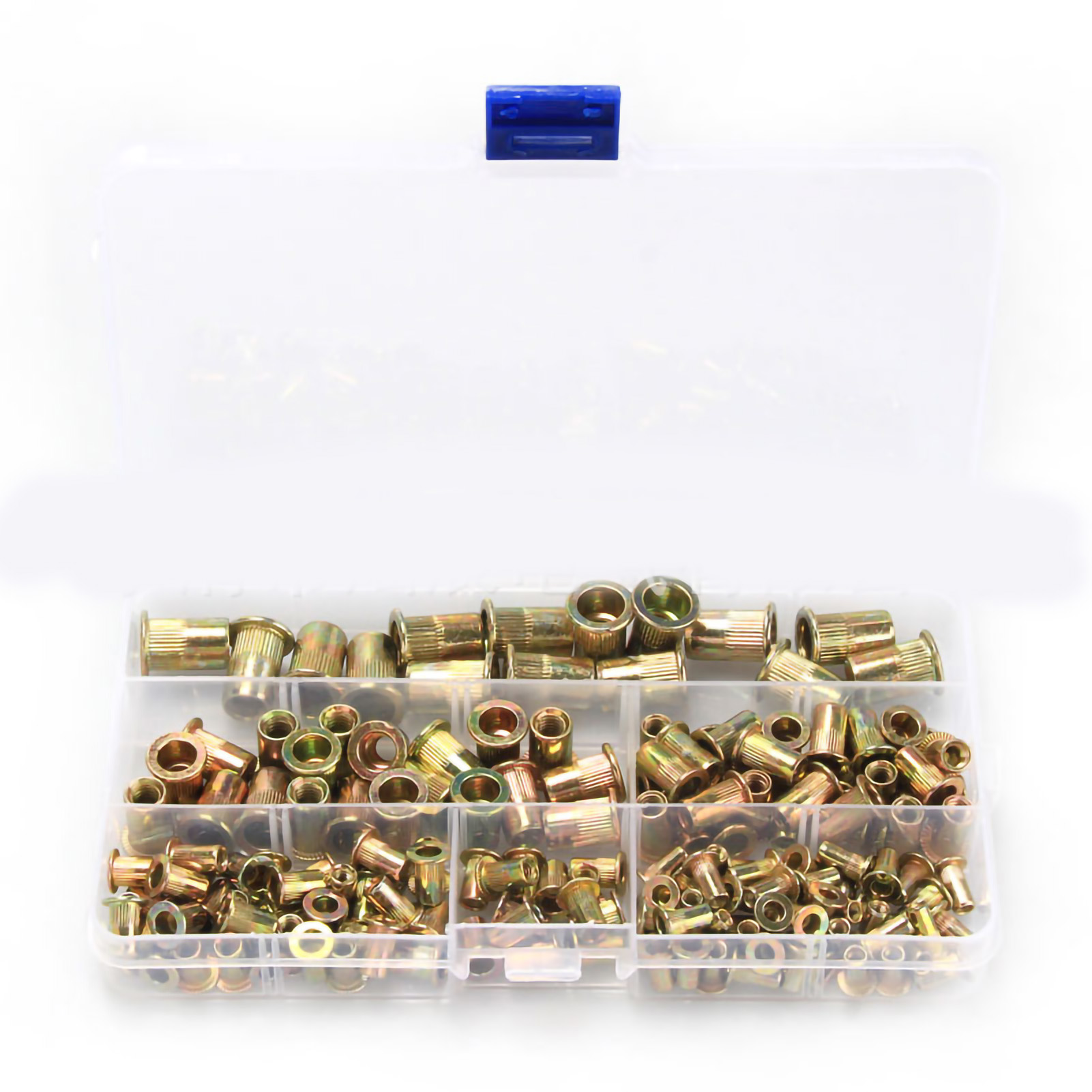 Schachtel Mit 165 Farbig Verzinkten Nietmuttern Mit Flachem Kopf Und Vertikalen Nuten.