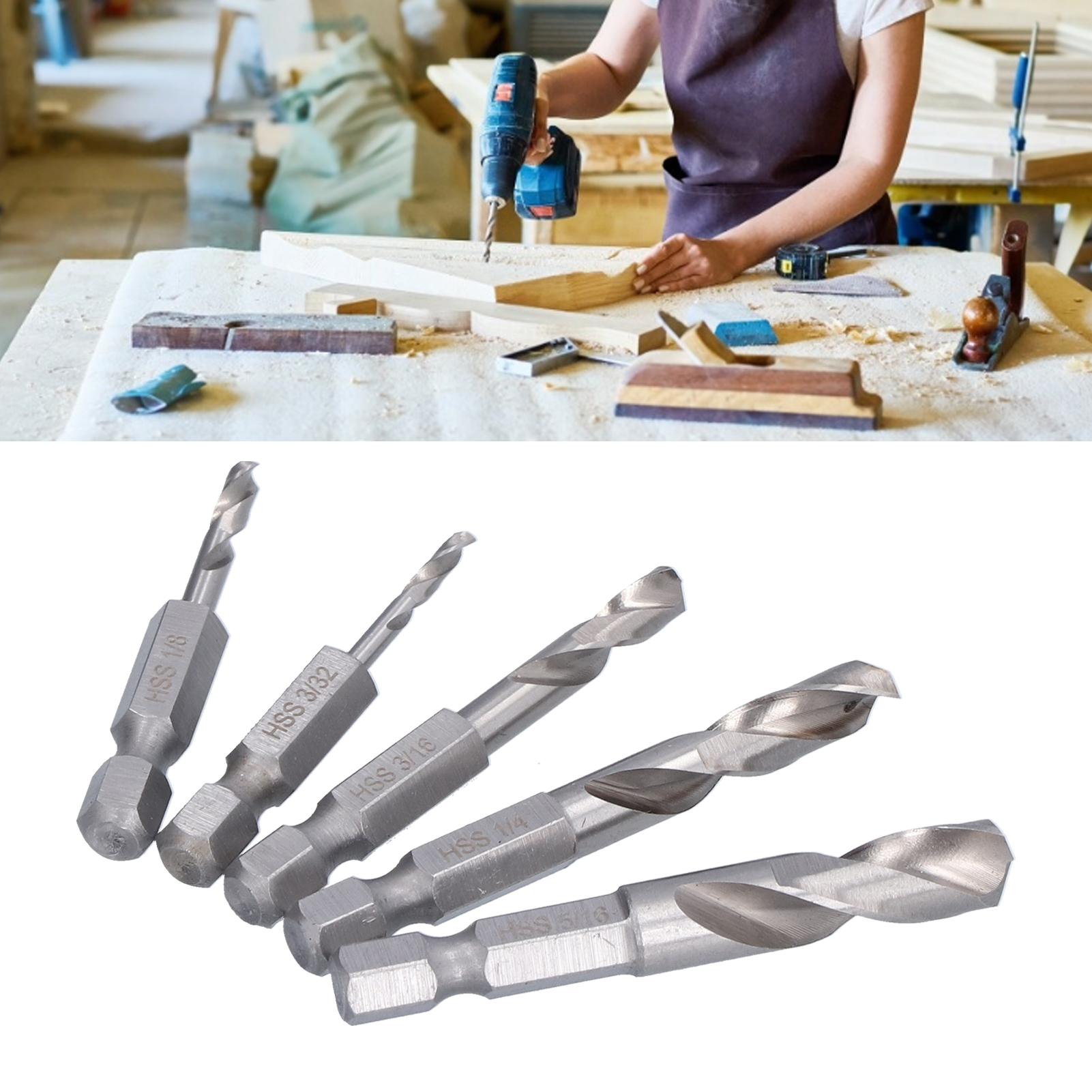 Set Mit 5 Kurzen Sechskant-schnellstahl-bohrern, Durchmesser Von 3/32 Bis 5/16 Zoll.