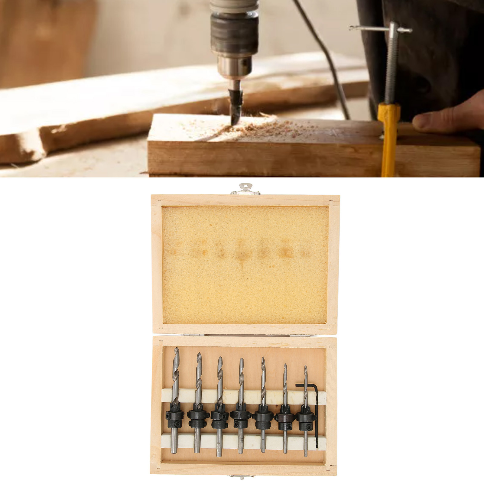 Set Aus 7 Holzbohrern Mit Senker Und Schraubenschlüssel Für Die Holzbearbeitung, Inklusive Hss-bohrer, Reibahlen Und Senker.