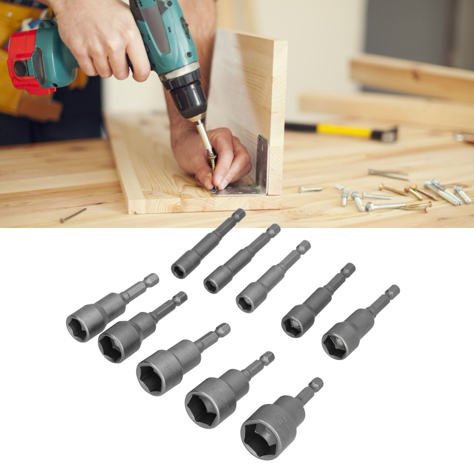Satz Mit 10 Sechskant-steckschlüsseln, 1/4"-bohreradapter, Elektrisches Spannset, Kombinationssteckschlüssel