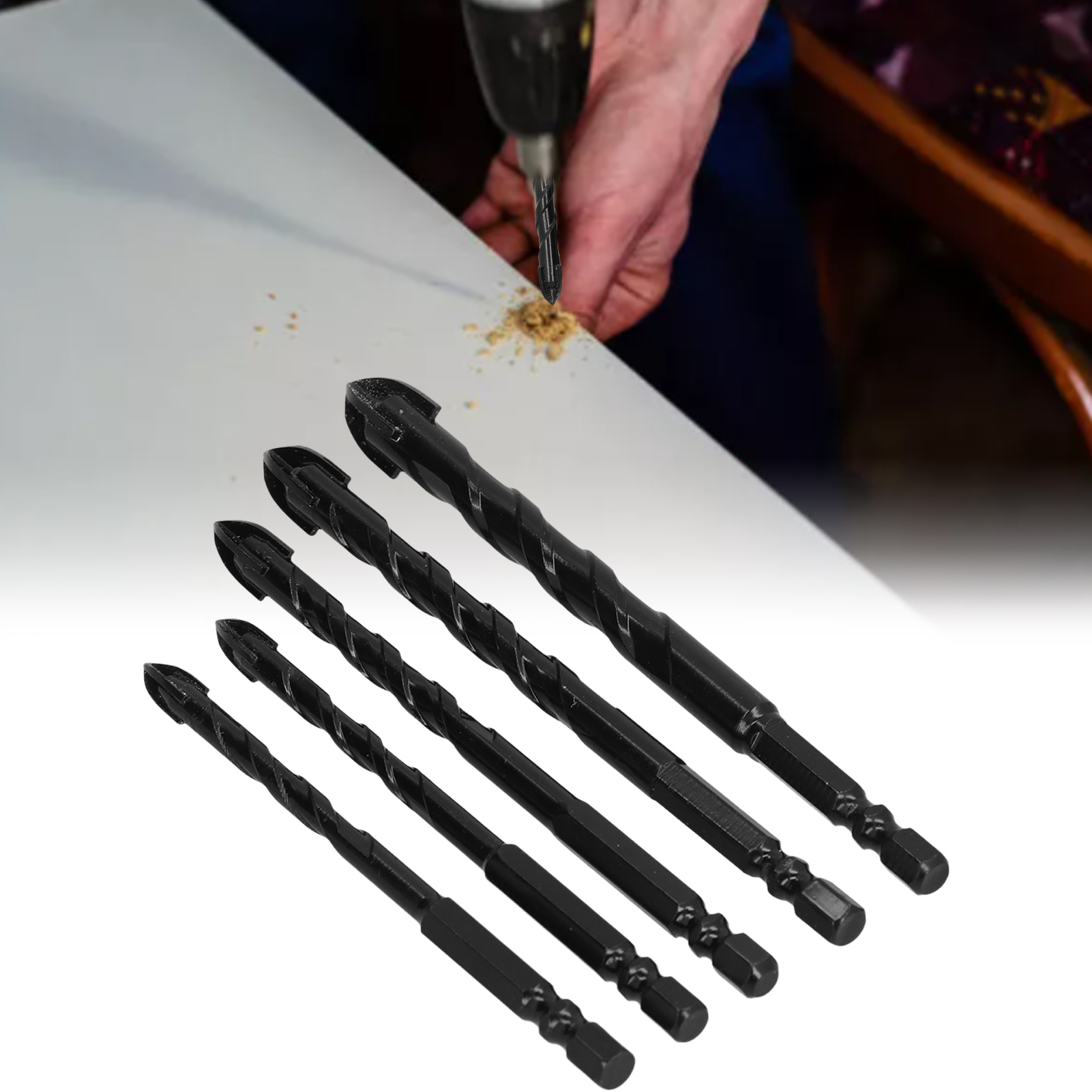 Set Mit 5 Betonbohrern Und Kreuzschlitzbohrern. Geeignet Zum Bohren Von Fliesen, Ziegeln, Glas, Kunststoff Und Holz. Schwarz.