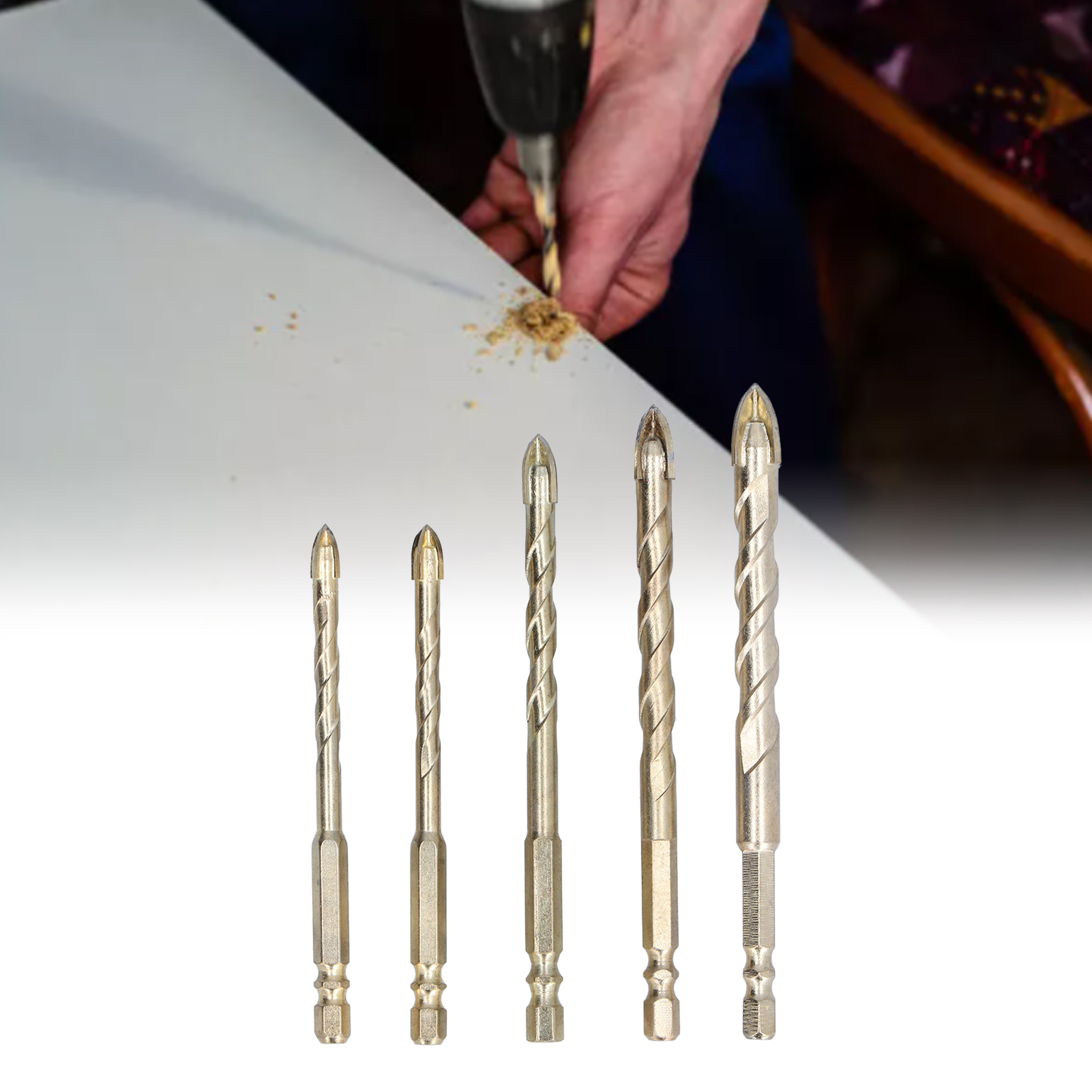 Set Mit 5 Betonbohrern Und Einem Set Kreuzbohrern Für Fliesen, Mit Denen Sie Löcher In Fliesen, Ziegel, Glas, Kunststoff Und Holz Bohren Können (gold).