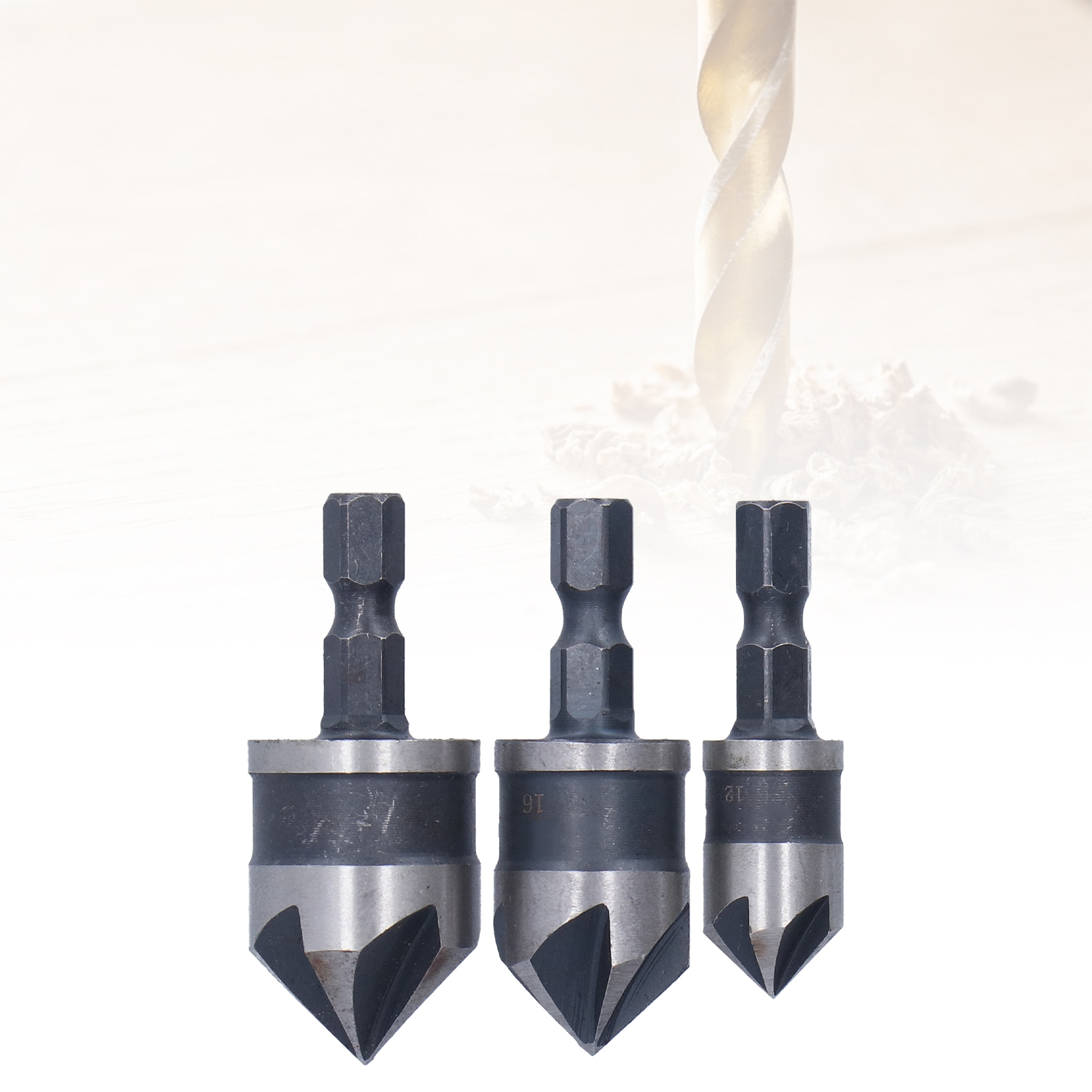 Set Aus Drei Sechseckigen Anfaswerkzeugen Mit Fünf 90°-klingen, 12-19 Mm Anfasfräser, Fräser Und Bohrer Für Die Holzbearbeitung