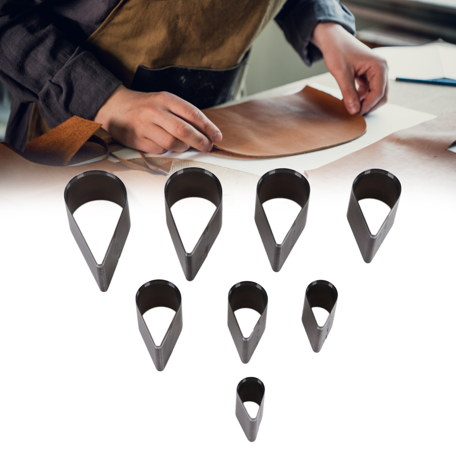 Set Aus 8 Tropfenförmigen Lederschneidformen, Handgeschnitten.