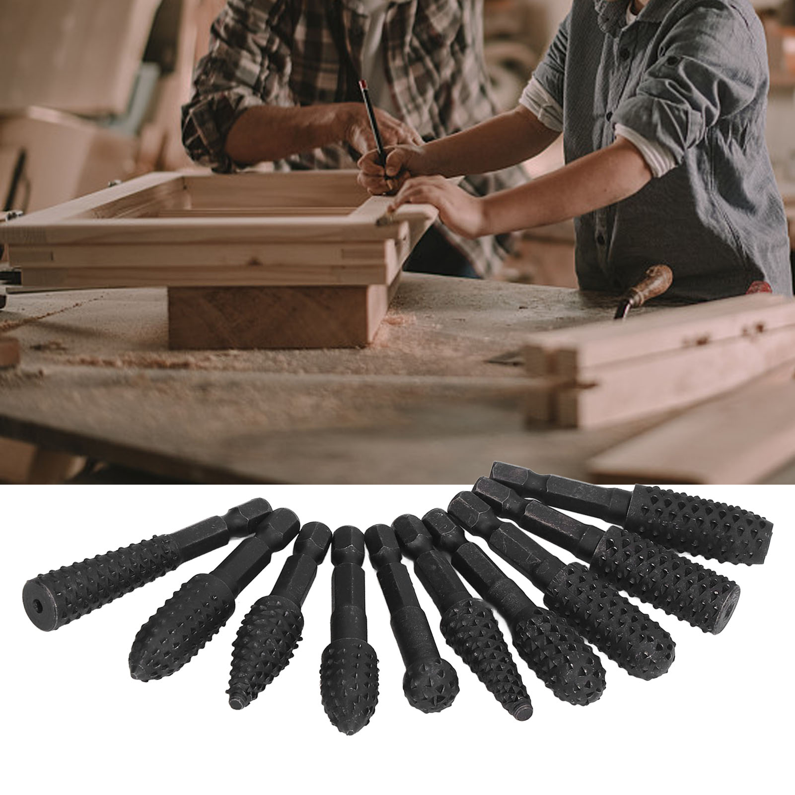 Set Mit 10 Spiralbohrern Für Die Holzbearbeitung, Sechskantschaft, Schwarzem Schleifstab, Feile, Rotationsprägekopf Mit Meißelförmiger Fase