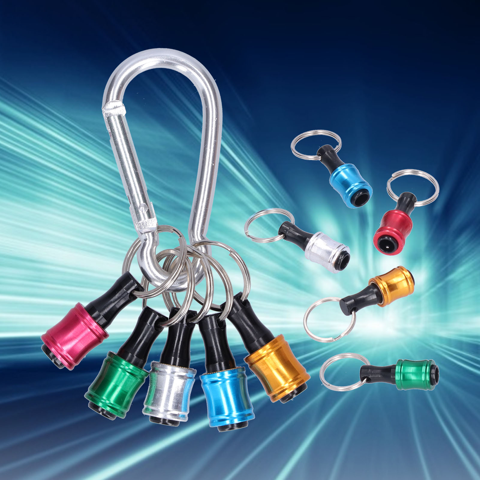 Set Mit 10 Glatten Schlüsselanhängerverlängerungen Aus Aluminiumlegierung + Silberner Karabiner, 1/4-zoll-sechskantgriff, Schraubendreher-bithalter, Steckschlüsseladapter