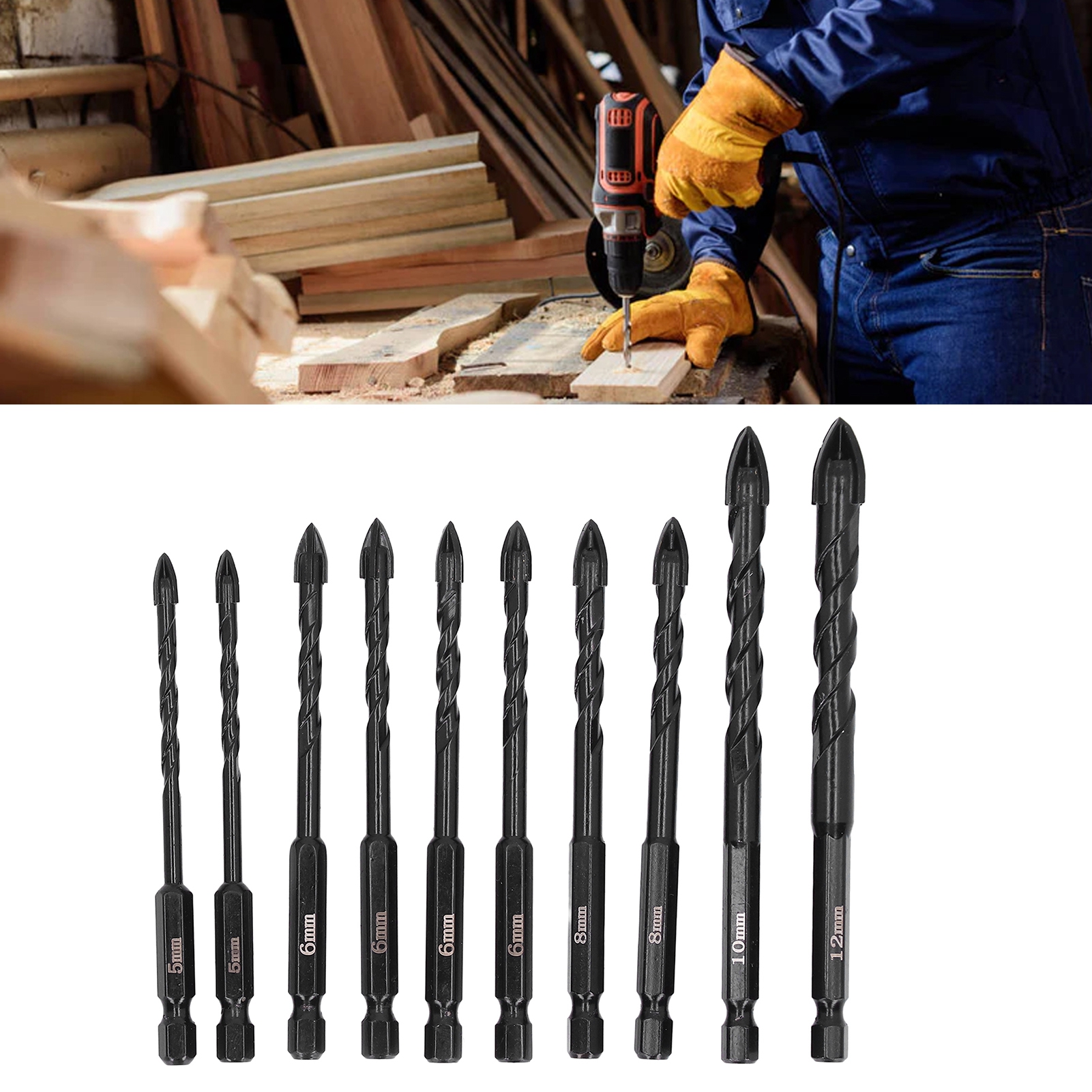 10-teiliges Schwarzes Sechskantschraubendreher-set Mit Kreuzschlitzbit Und Dreischneider-bohrer