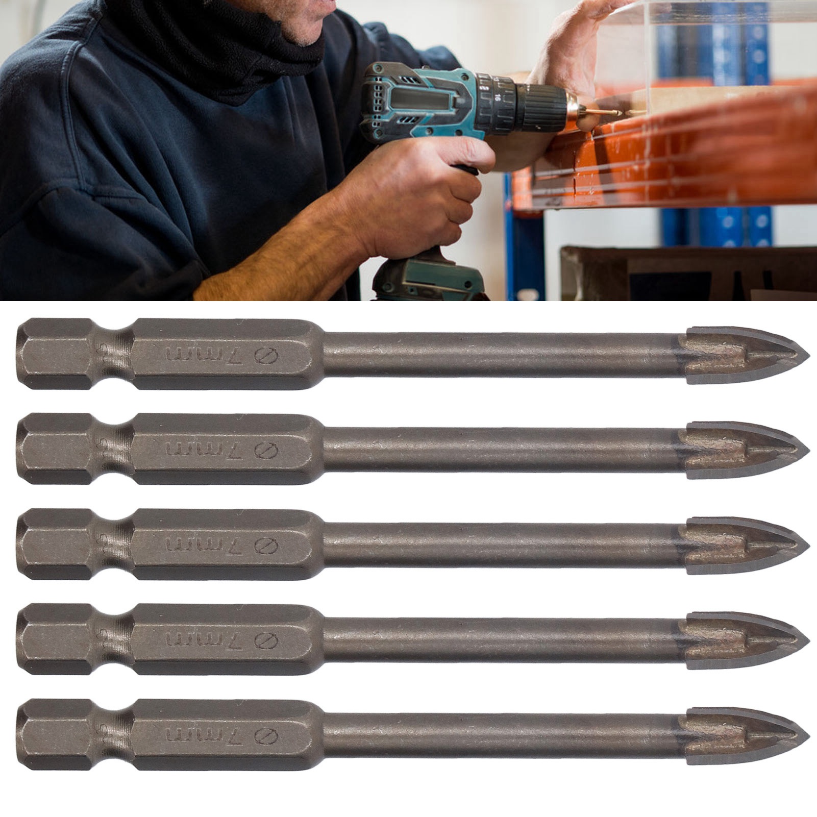 Set Mit 5 Multifunktionalen Bohrern, Sechskant-kreuzbohrern, Glasbohrern, Bohrern Zum Bohren Von Beton- Und Zementwänden, 7 Mm Durchmesser.
