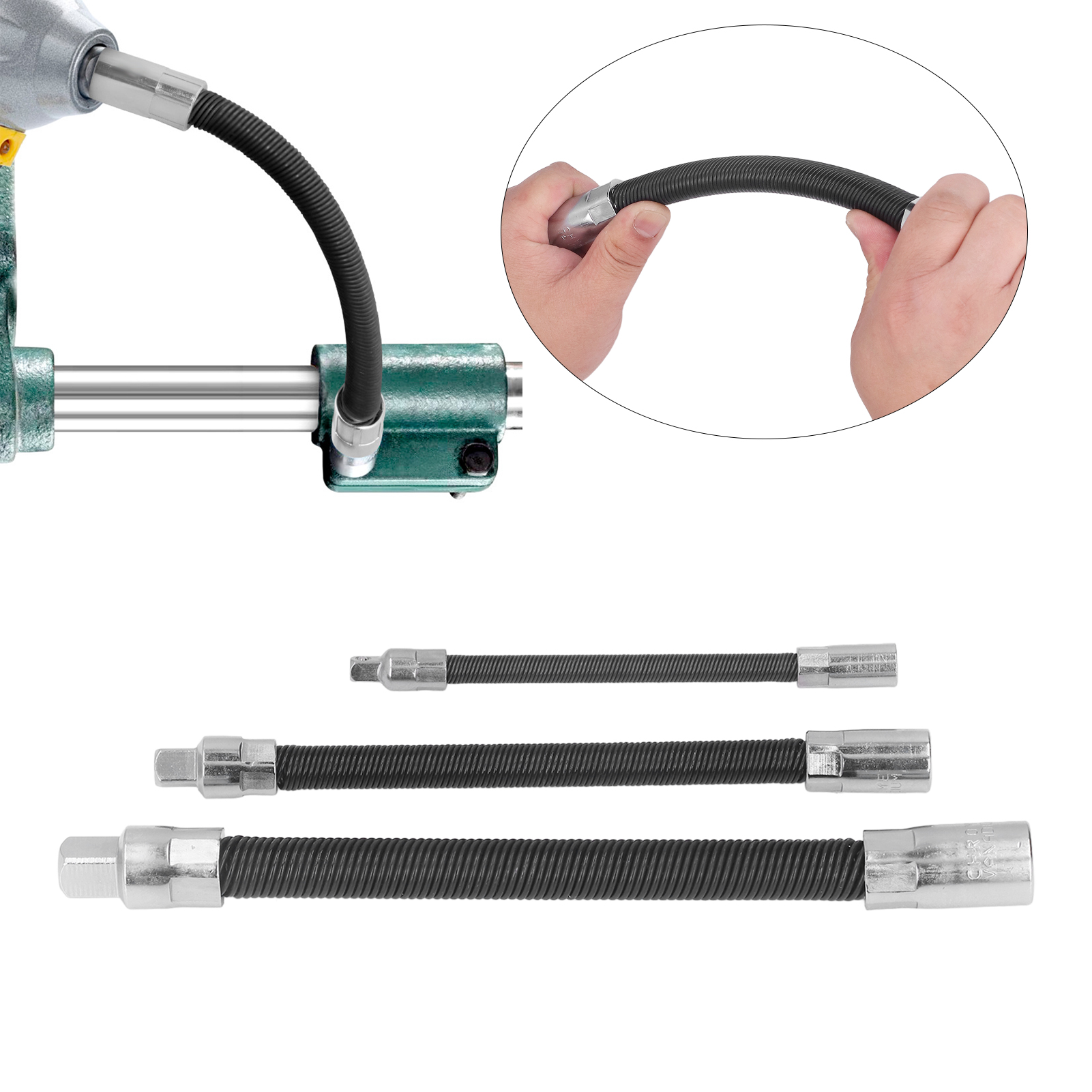 3-teiliges Set Bestehend Aus Einer Flexiblen Verlängerungsstange, Einem Hülsenkopf, Einer Verlängerten Flexiblen Stange, Einer Flexiblen Federstahlwelle Und Einer Verbindungsstange.