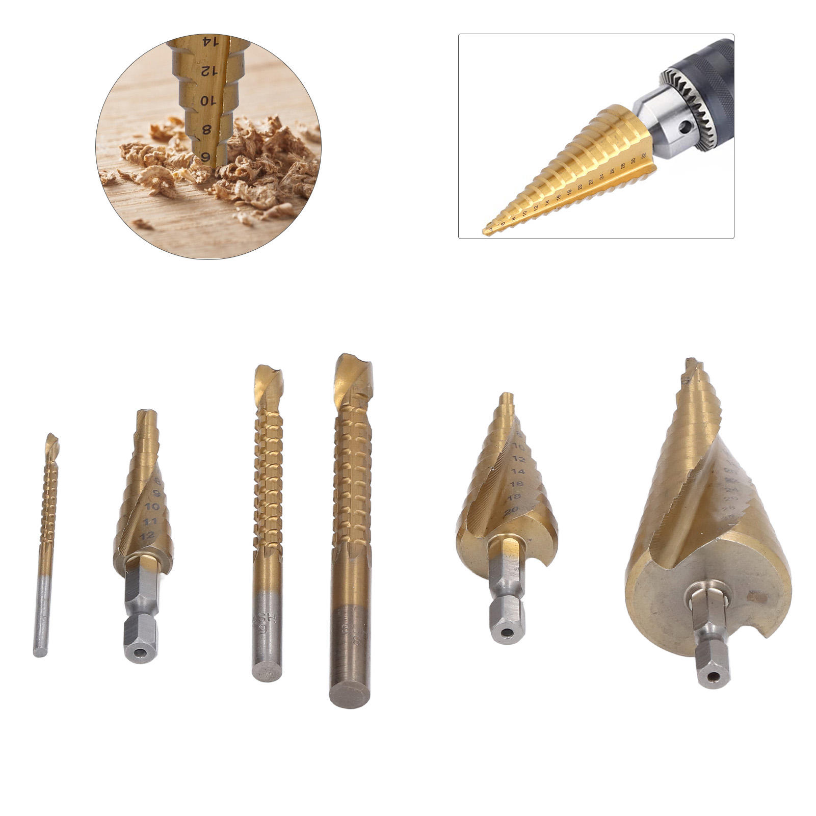 Set Mit 6 Spiralförmigen Stufenbohrern Mit Sechskantschaft + Rundschaft-sägebohrer