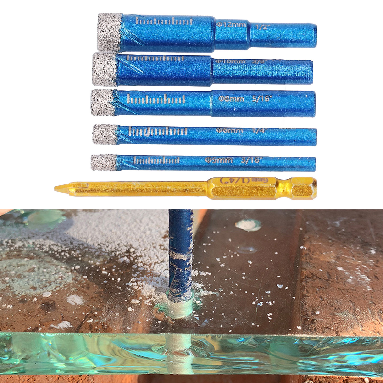 Set Mit 6 Blauen Fliesenbohrern Zum Trockenlöten + 6 Mm Flachkopf-dreieckbohrer