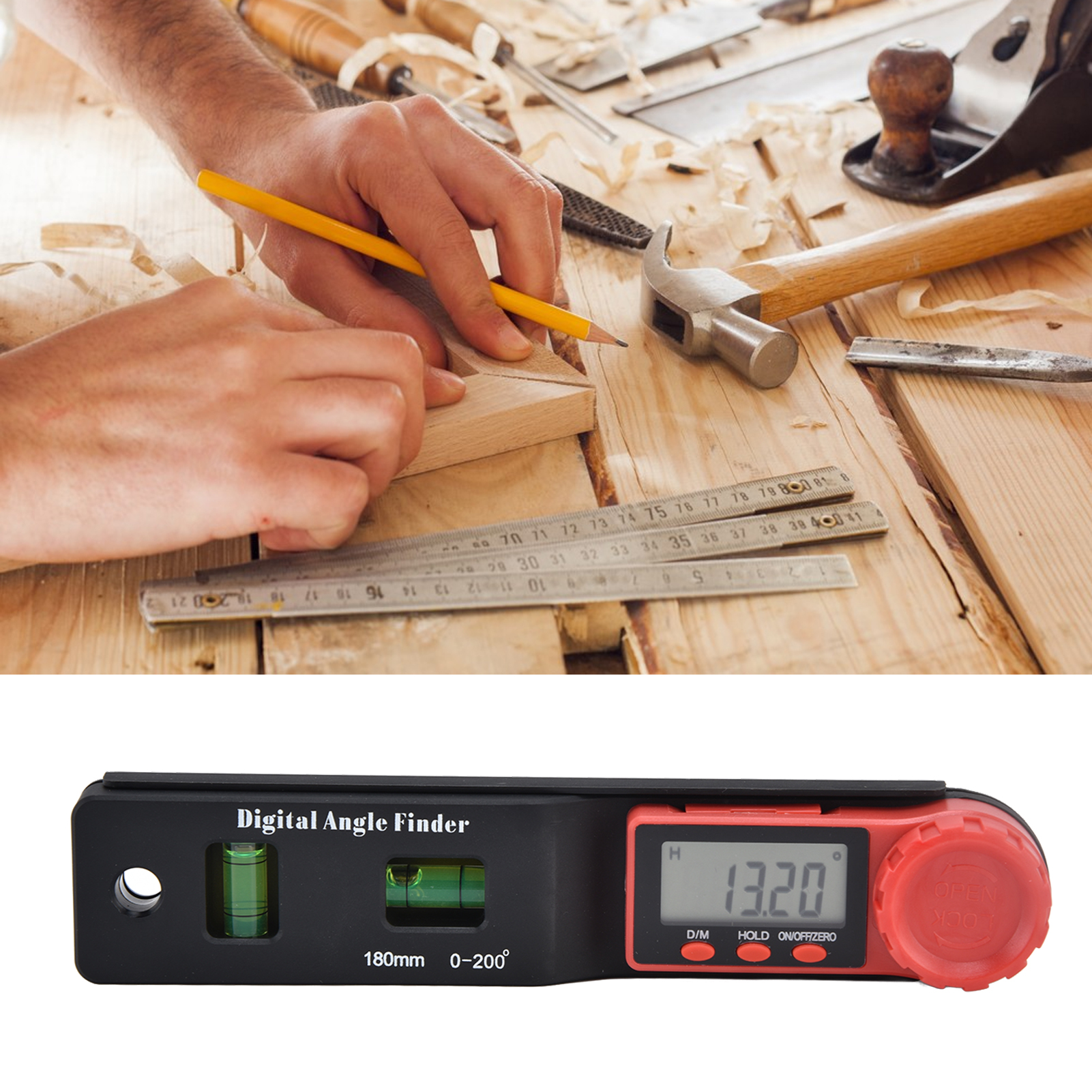 2-in-1-digitalwinkelmesser, Elektronische Wasserwaage, Winkelmesser, 0-200°-winkelmesser, Grün.