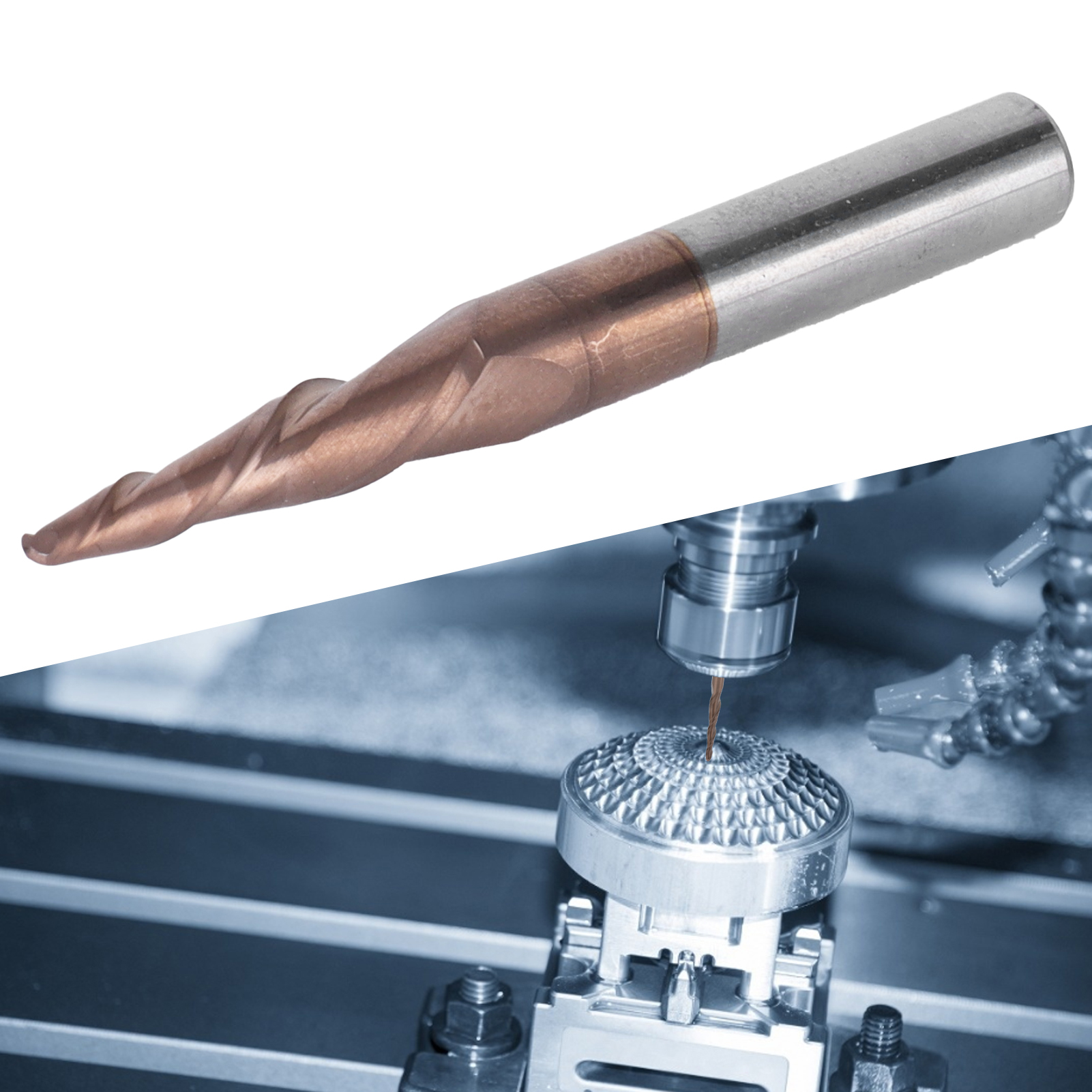 Konischer Kugelkopffräser Mit 2 Schneiden Und Bronzebeschichtung. Konischer Schaftfräser R1,0 × 20 × D6 × 50 Mm