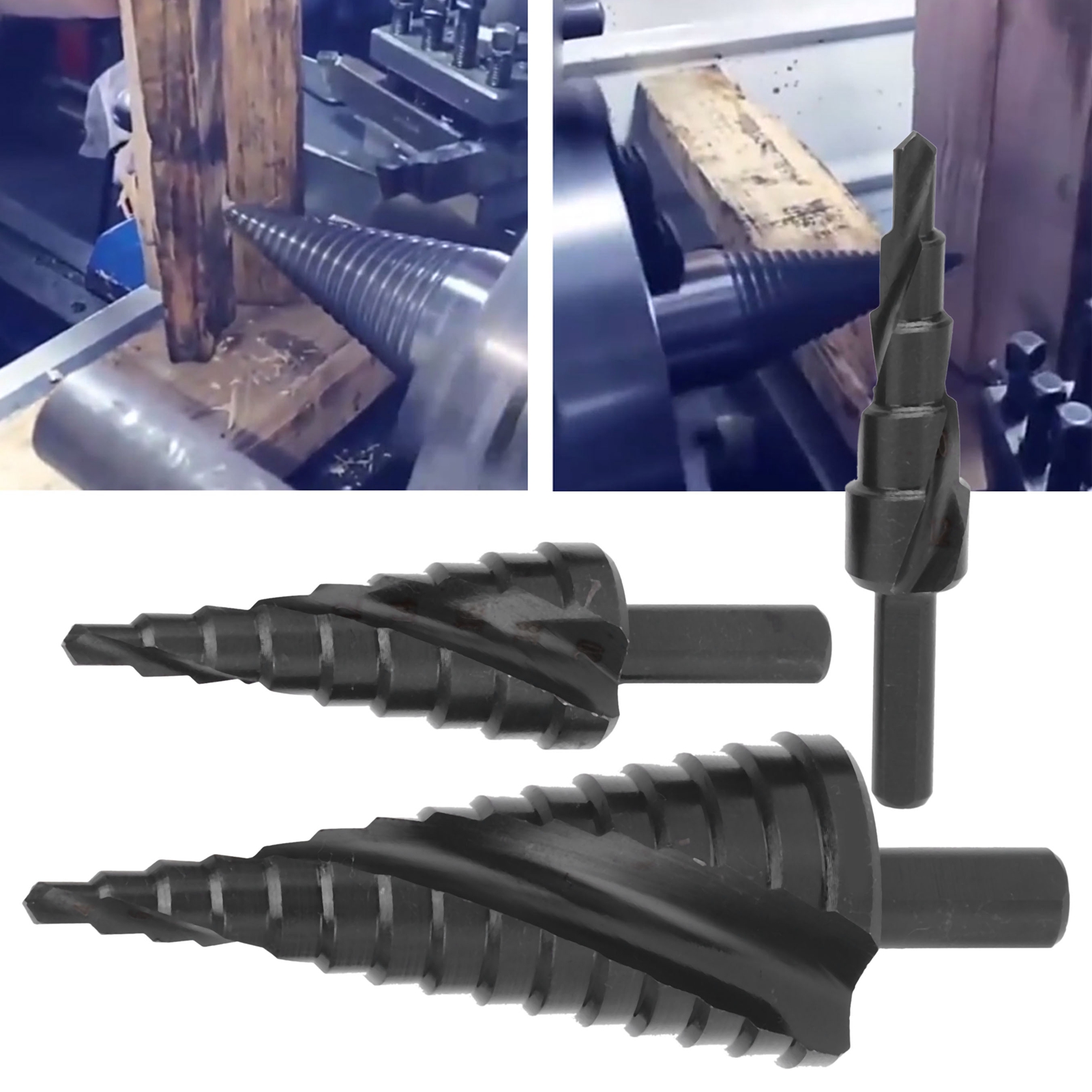 Set Aus 3 Hss-stufenbohrern Aus Kobalt-schnellarbeitsstahl 4-32 Mm, Für Konische Löcher Mit Dreieckigem Schaft In Metall.