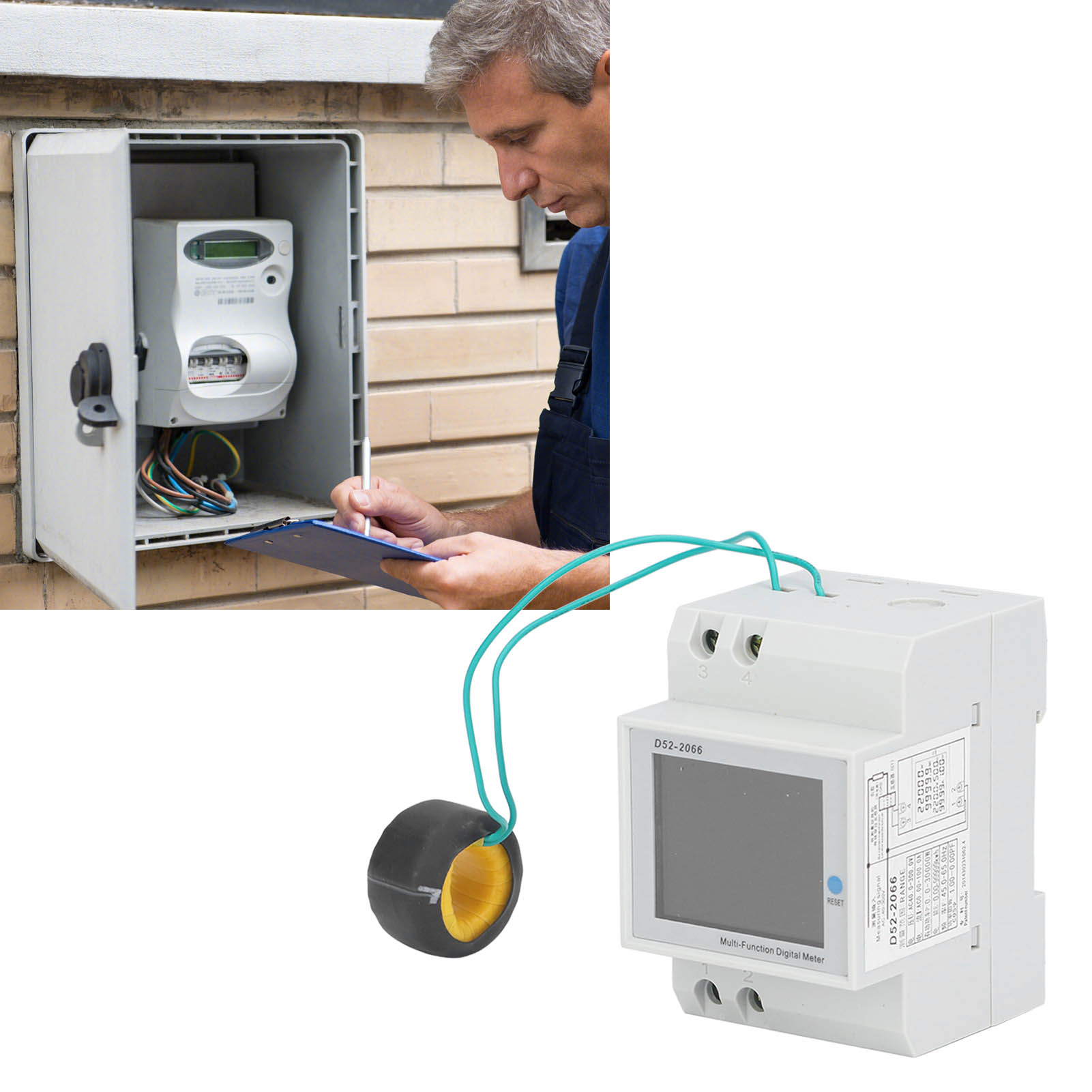 D52-2066 Einphasen-smart-stromzähler Für Den Hausgebrauch, Din-schienenmontage, Misst Spannung, Stromstärke, Leistung Und Frequenzfaktor, Mit Externem Stromwandler, 40,0-300,0 V Ac.