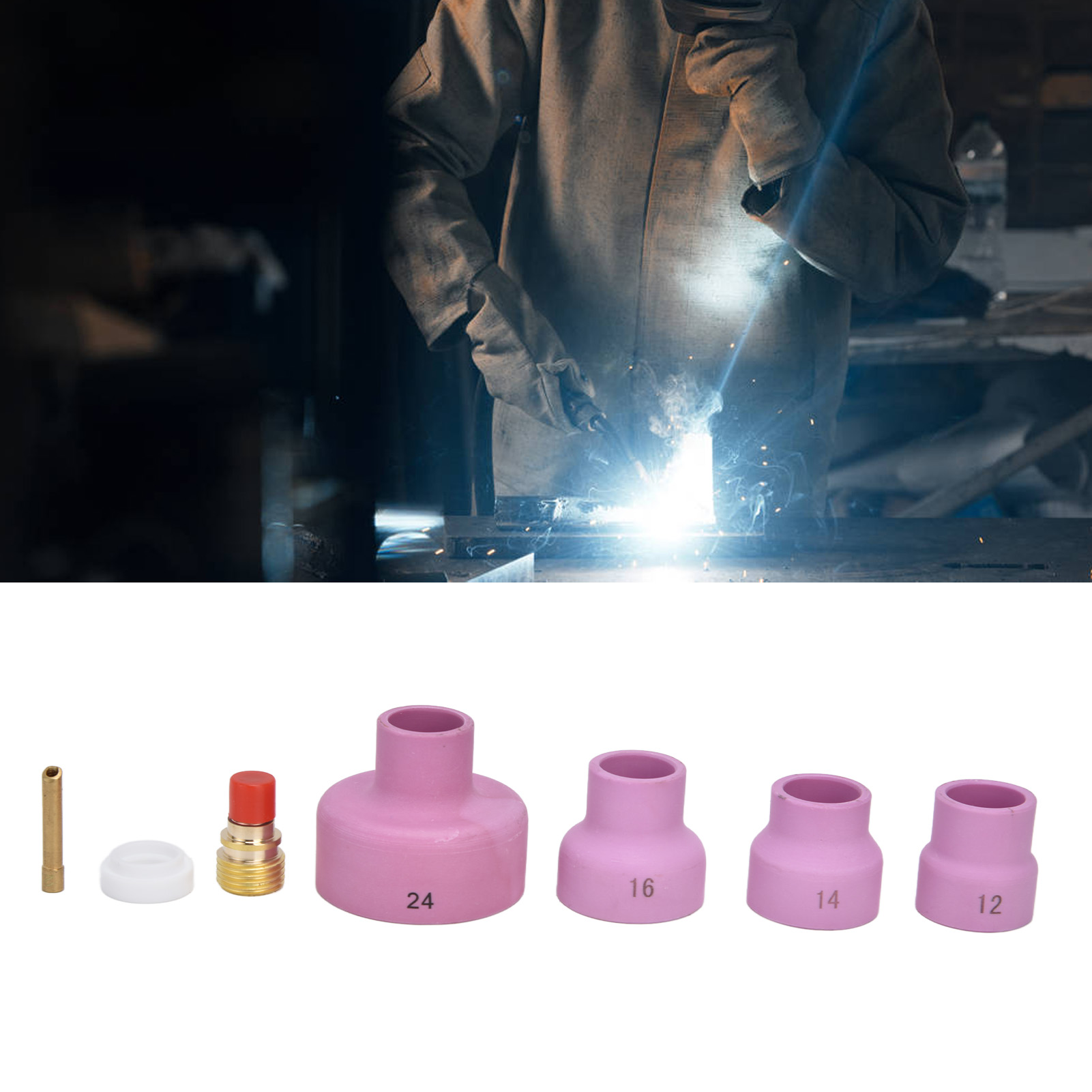 7-teiliges Zubehörset Für Wig-schweißbrenner: Keramikdüsenbecher + Elektrodenklemme + Anschlussstück + Ptfe-frontabdeckung, Geeignet Für Wp9/20/25 Schweißbrenner.